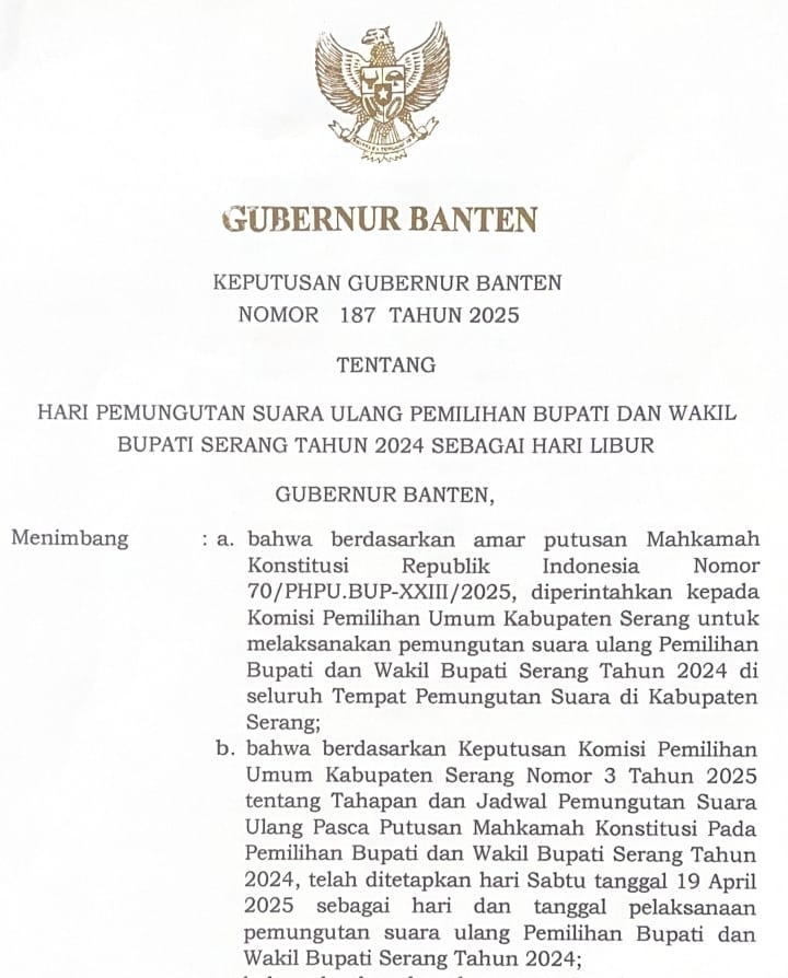 Gubernur Banten Tetapkan Hari Libur di PSU 19 April untuk Warga Ber-KTP Kabupaten Serang