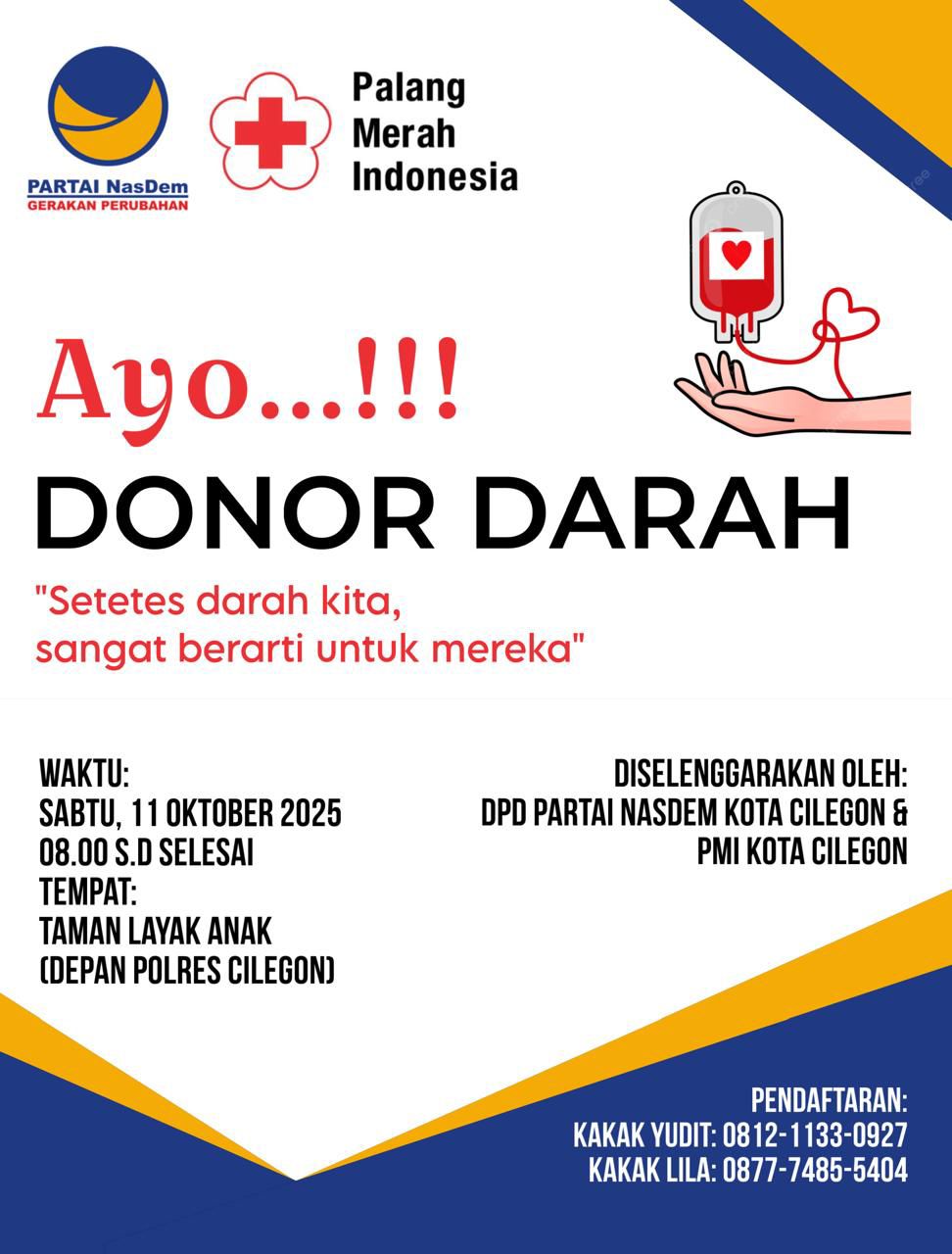 Pamflet kegiatan Donor Darah DPD Partai NasDem Kota Cilegon dam PMI Kota Cilegon