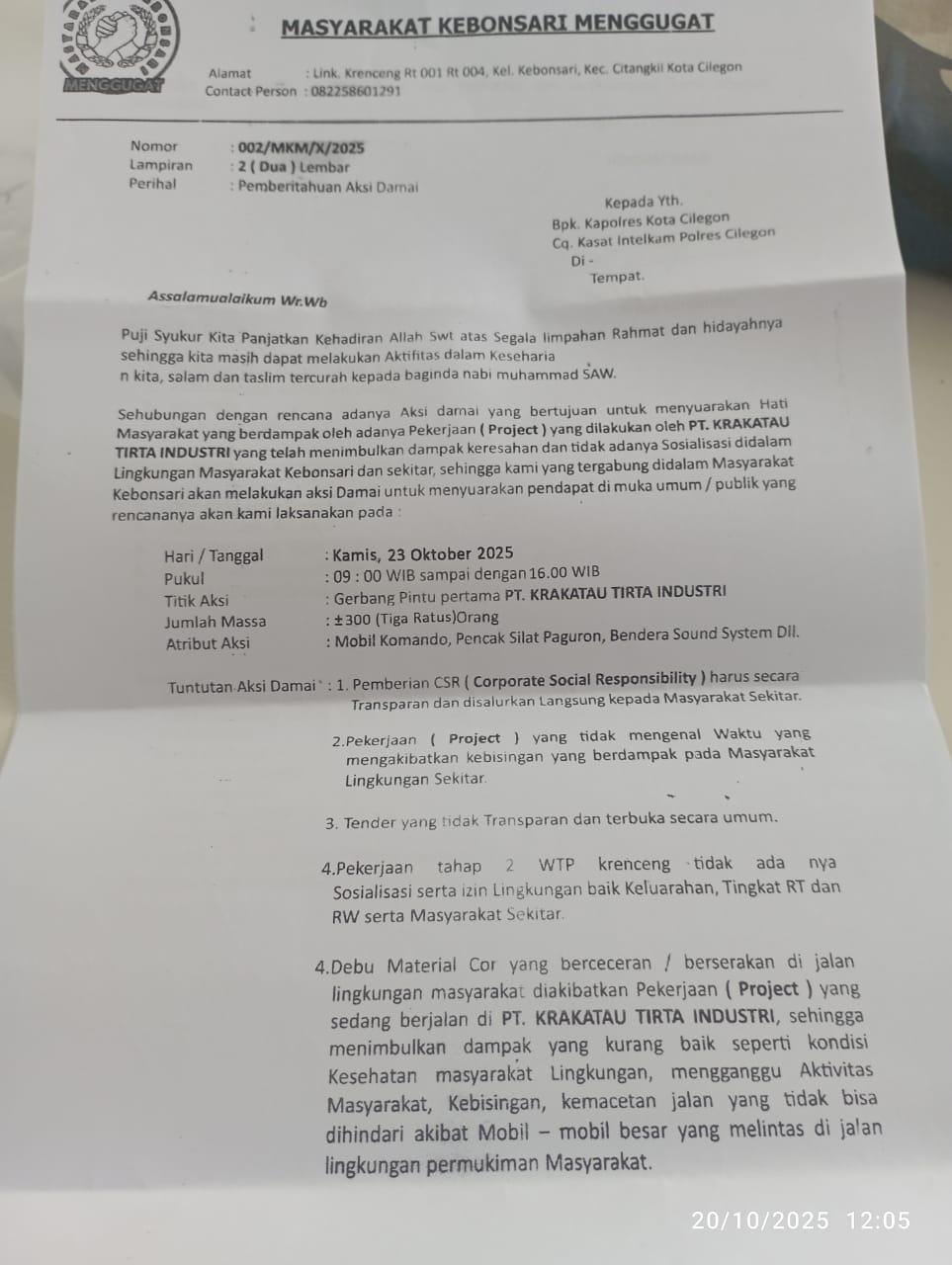Sempat Ditunda, Masyarakat Kebonsari Akan Demo PT. KTI Kamis Besok
